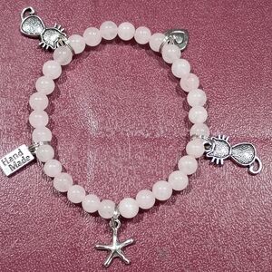Handcrafted Rose Quartz Stretch Bracelet with Silver Charms